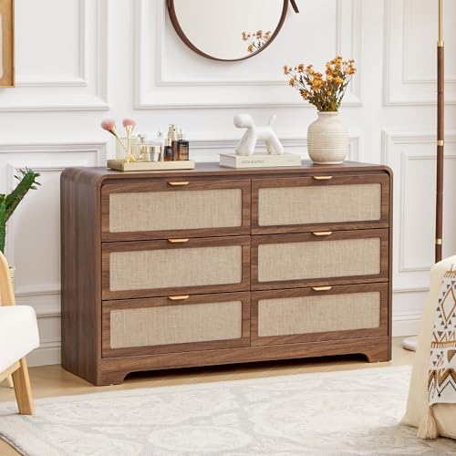 RUSTYER 48" Modern 6 Drawer Dresser for Kids Bedroom, Mid Century Wooden Dresser Chest of Drawers with Natural Linen, Curved Profile Closet Clothes Storage Organizer for Living Room, Nursery,Walnut