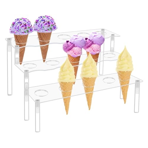 Soporte acrílico para cupcakes – Soporte para cono de gofre | Soporte de cono acrílico transparente de 15 agujeros | Soporte de exhibición de 3 capas de fácil instalación | Soporte multifuncional para