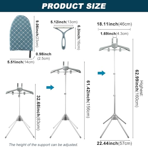 Steamer Hanger Stand with Adjustable Height, Portable Steamer Rack with Handheld Ironing Board&Hair Remover for Steaming Clothes for Homes Clothing Stores & Hotels