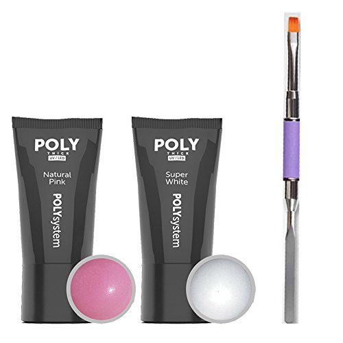 Poly Acryl Gel Set in der Tube Natur Pink und Super Weiß á 30 g inkl. Poly Gel Pinsel flach gerade mit Spatel