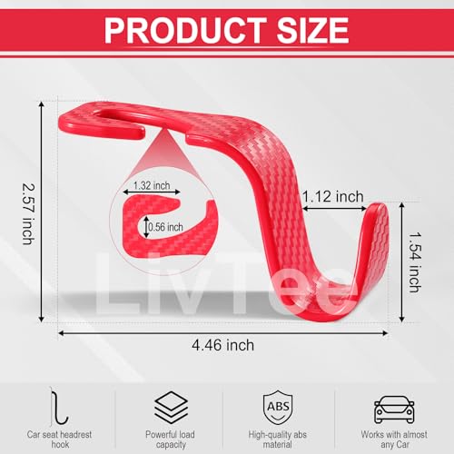 Image of LivTee Car Purse Hook, Headrest Hook for Car, 4 Pack Universal Auto Car Seat Headrest Hook Hangers Organizer for Purse Coat Umbrellas Grocery Bags Handbag, Car Accessories - Carbon Fiber Red