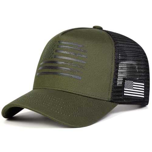 SPGRDER American Flag Army Hat Adjustable Tactical Operator Trucker Hat Patriotic USA Military Mesh Hats for Men Women Army Green