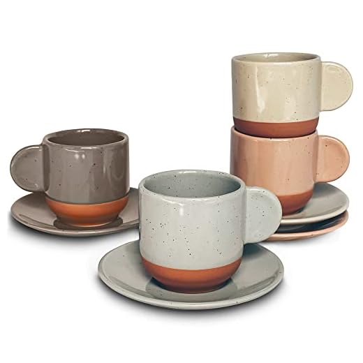 Mora Ceramic Mini Espresso Cups Set of 4, 3oz - Tiny Italian Inspired Mugs With Saucers For Small Shots of Coffee - Modern Boho Style For Any Kitchen or Cafe. Microwave Safe Porcelain - Asstd Neutrals