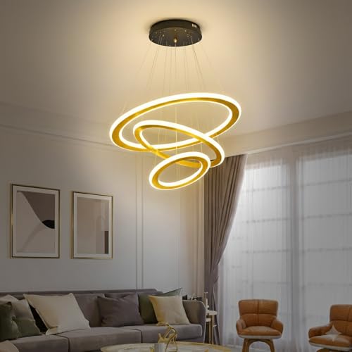 Image of Lamp master Modern 3 Ring LED Pendant Ceiling Light | Gold Finish Ring Chandelier with Warm White Glow | Adjustable Hanging Light for Living Room, Hall, Dining, Lobby | 1 Year Warranty