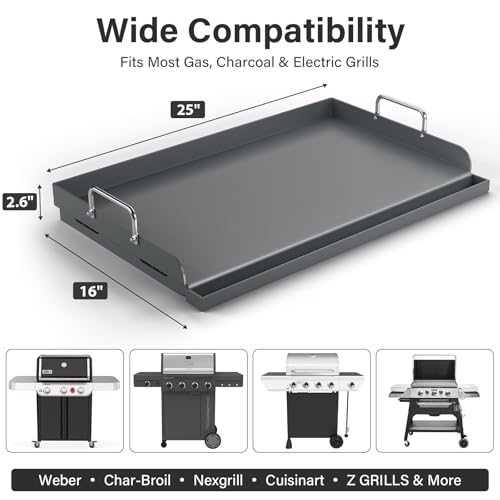 BLUES GRILL PARTS 25\" x 16\" Cast Iron Flat Top Griddle - 23lb Heavy Duty - Oil Coating Non-Toxic - High Sidewalls Universal Grill Insert Fits Gas/Charcoal/Electric Grills for Weber Charbroil Nexgrill
