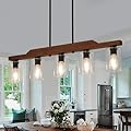 Dining Room Chandelier,5-Light Farmhouse Rustic Kitchen Island Light Fixtures,Linear Wood Chandeliers for Dining Table,Kitchen Hanging Light with Glass Shade UL Listed