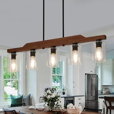 Dining Room Chandelier,5-Light Farmhouse Rustic Kitchen Island Light Fixtures,Linear Wood Chandeliers for Dining Table,Kitchen Hanging Light with Glass Shade UL Listed