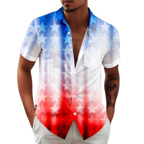 Camisa de hombre negra larga camisa de manga corta para hombre, casual con bolsillo en el pecho, diseño patriótico del 4 de julio, ligera y transpirable, ideal Camisetas grandes y grandes para hombre