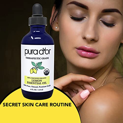 Pura D'or Organic Lemon Essential Oil (4Oz With Glass Dropper) 100% Pure & Natural Therapeutic Grade For Hair,Body,Skin,Aromatherapy Diffuser,Relaxation,Massage,Home,Cleaning,Laundry,Diy Soap #TOP4