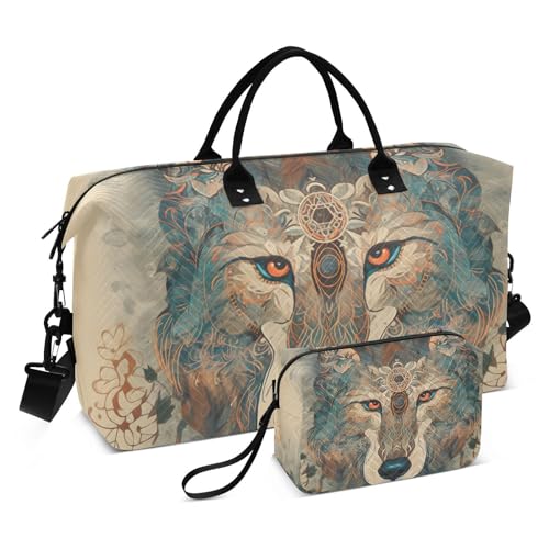 Large Travel Duffel Bag, Cool Wolf Head Boho Sports Tote Gym Bag, Shoulder Weekender Overnight Bag for Women Men, Carry On Luggage with Toiletry Bags