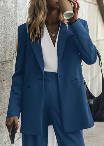 KIRUNDO Women's 2025 Spring Fall 2 Piece Blazer Set Casual Loose Long Blazer Jackets and Dressy Wide Leg Pant Suits Pockets(Dark Blue, X-Large)