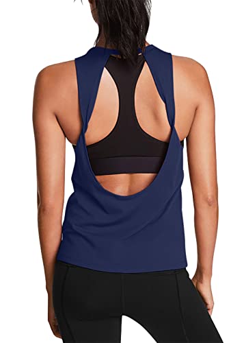 Mippo Workout Tank Tops for Women Loose Fit Open Back Yoga Top Backless Workout Shirts Athletic Running Gym Tanks Navy Blue S