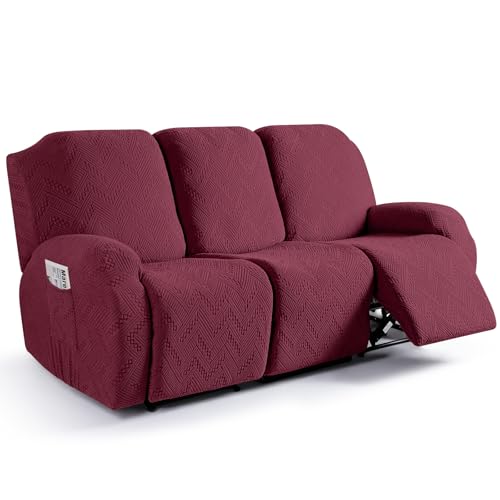Image of Ruaozz Recliner Sofa Covers Recliner Chair Covers Couch Covers for Reclining Couches with Pockets Washable Furniture Protector with Elastic Bottom (3 Seater, Wine)