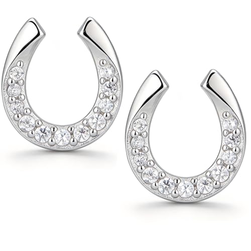 Image of 925 Sterling Silver Horseshoe U Shape Stud Earrings, Sparkling Zircon Decorated, Earrings with Gift Box for Women Girls Teens