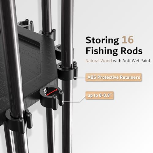 XIGOO Fishing Rod Holder Wood, Holds Up to 16 Rods or Combos, 360° Spinning Fishing Pole Holder for Garage, Fishing Gear Storage Organization, Fishing Accessories, Ideal Fishing Buddy Gift - Thumbnail 4