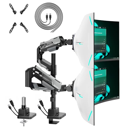 Image of ARES WING Heavy Duty Gas Spring Dual Monitor Mount, Adjustable Stacked Desk Mount for 2 Ultrawide Screens up to 57 Inch with USB A /C Charging Ports, VESA 75 /100 /200mm Mount, Black