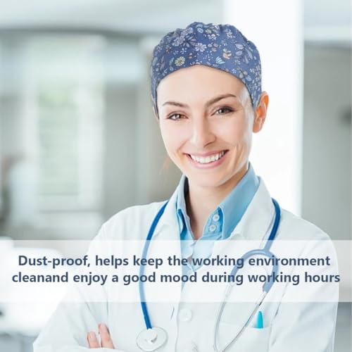UEIOAVL Kopfbedeckungen für Krankenschwestern, 1 Stück verstellbare Krankenschwestermütze mit Blumenmuster Arbeitskappe aus Baumwolle bedruckt Unisex (blau)