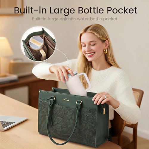 LOVEVOOK Laptop Bag for Women, 2-in-1 Tote Purse with Clutch & Cup Holder, Waterproof Briefcase for Work Travel, Large Capacity Structured Work Bag with Embossed Design 17.3 Inch, Green - Image 4