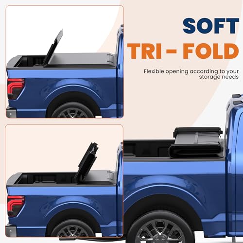 Image of KUIPERAUTO 5FT Tri 3-Fold Soft Folding Truck Bed Tonneau Cover Compatible with 2019 2020 2021 2022 2023 2024 2025 2026 Ford Ranger 5FT On Top-61 inch