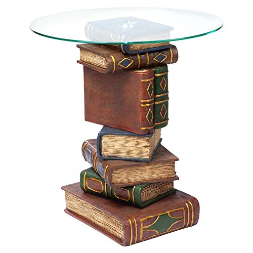 Design Toscano Stacked Book Volumes Vintage Decor End Table With Glass Top, 20 Inch, Polyresin, Full Color #TOP10