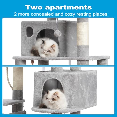 Hey-brother Large Multi-Level Cat Tree Condo Furniture with Sisal-Covered Scratching Posts, 2 Bigger Plush Condos, Perch Hammock for Kittens, Cats and Pets Light Gray MPJ020W by Hey-brother - Image 5