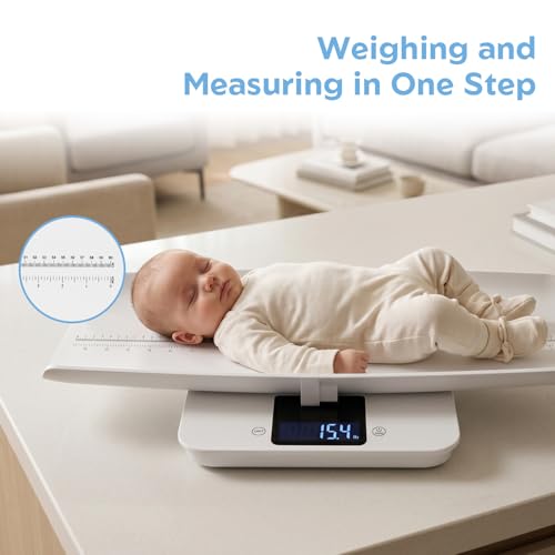 Image of MomMed Baby Scale with Height Measuring Tape - Digital Smart Scale for Infant Weight with Hold & Lock Function, Auto Shut-Off, LED Display - Multi-Function Scale for Newborns, Adults, Cats, Dogs