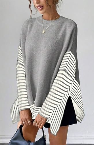 CHARTOU Women Contrast Stripe Sweater Casual Crewneck Batwing Long Sleeve Pullover Sweater Jumper Tops3