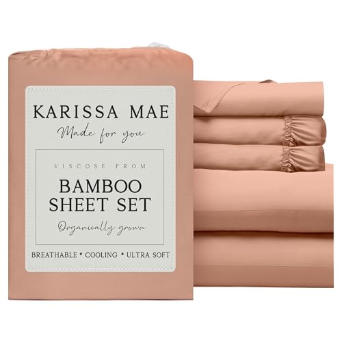 Image of KARISSA MAE Luxury Bamboo Viscose Split King Size Sheet Set, FSC Certified | Includes 2 Twin XL Fitted Sheets | Sleep Number & Adjustable Bed | Cooling | 18 inch Deep Pocket w / Corner Straps [Terracotta]