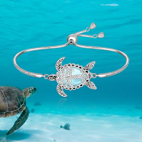 Fenthring Sea Turtle Bracelet for Women Moonstone Tree of Life Bracelet Sterling Silver Turtle Bracelets Ocean Beach Hawaiian Turtles Gifts3