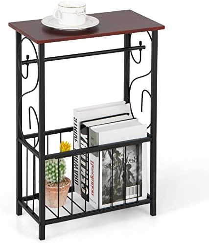 COSTWAY Sofa Side Table, Narrow Nightstand Bedside End Table with Hanging Rack and Storage Basket, Metal Frame Wooden Coffee Tea Table for Living Room Bedroom Balcony