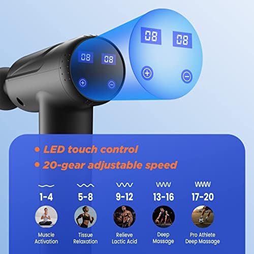 Massage Gun, Portable Muscle Massage Device Ultra-Quiet 20 Speeds, Deep Tissue Massager with LCD Display, Powerful Cordless Percussion Handheld Muscle Massage Gun with 10 Massage Heads