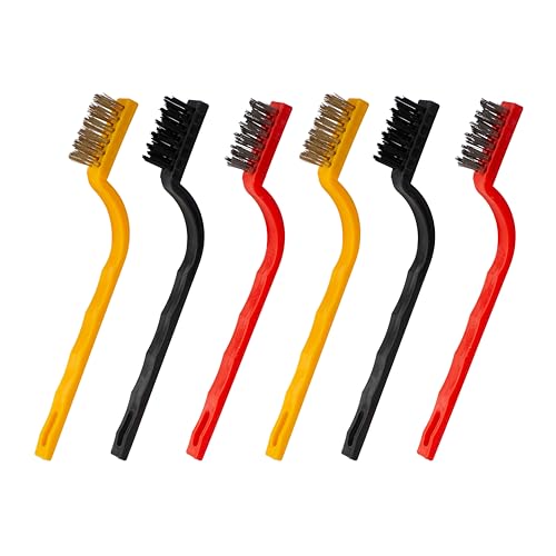 Image of Small Wire Brush 2 Set of 3 Pcs - Wire Brushes for Cleaning Rust, Dirt, Paint - Wire Brushes of Stainless Steel /Nylon /Brass Bristles - Metal Brush for Cleaning Small Parts & Spaces with Curved Handle