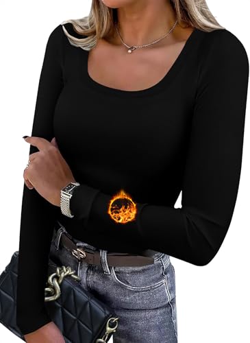 WIHOLL Long Sleeve Thermal Shirts for Women Light Fleece Tops Fall 2025 Square Neck Basic Tees