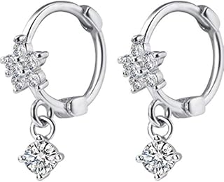 CZ Dangle Drop Huggie Hoop Earrings for Women Teen Girls 925 Sterling Silver Charms Tiny Rhinestone Daisy Flower Hinged Small Cartilage Stud Tragus Dainty Fashion Jewelry Hypoallergenic
