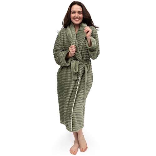 Image of Cyberjammies Sage Striped Fleece Dressing Gown for Women | Ultra Soft Ladies Dressing Gowns | Warm & Cosy Women's Nightwear, Machine Washable