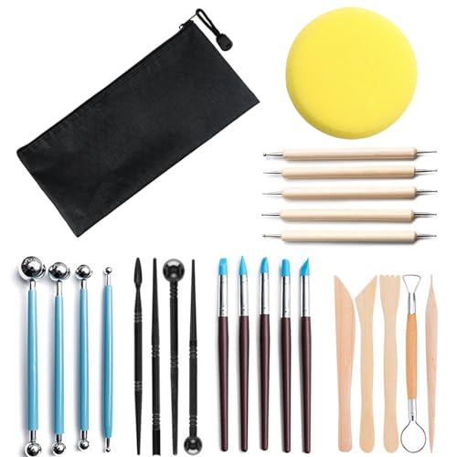 SRTSTR Lot de 25 Outil Poterie Kit Outils Sculpture Outils de Modelage de l'argile Clay Tools Outil Modelage Silicone Outil Modelage en Bois Avec Sac de Rangement pour Débutants ou Professionnels