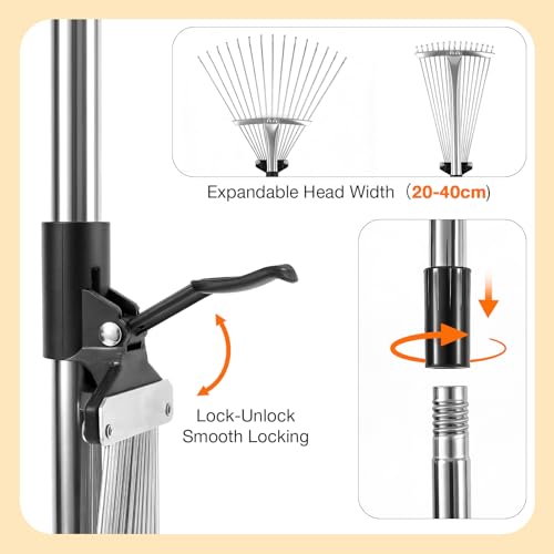 Adjustable Garden Leaf Rake 85-175cm, Metal Rake for Gardening with Expandable Head 20-40cm, Lightweight Garden Tools Rakes for lawn Yard Leaf Artificial Grass, Metal Head, 15 Tines - Image 3