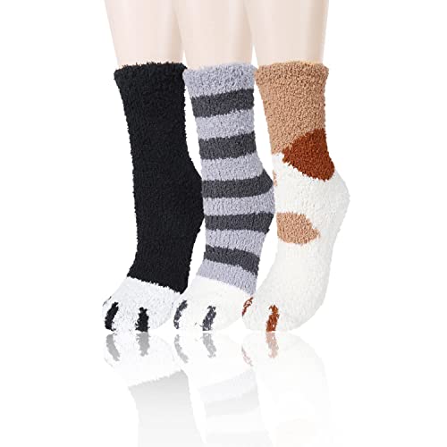 Thanksgiving Gifts Womens Girls Funny Cozy Slipper Socks Cute Silly Cartoon Animal Super Soft Socks Floor Fuzzy Socks Warm Plush Fluffy Sleeping Socks, 3 pack-Cat Paws