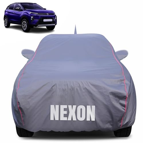Image of 100% Waterproof Car Body Cover for Tata Nexon (2023-2025) with Mirror Pocket (Heat & UV Resistant, Triple Stitched, Soft Lining, Bottom Elastic & Piping) Grey