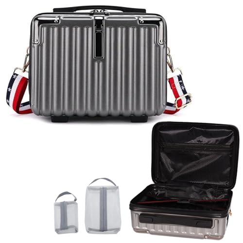 VNIMTI Makeup Travel Case, Hard Shell Cosmetic Case Organizer, Portable Cosmetic Bag, Mini Makeup Luggage with Shoulder Strap, ABS Surface, Zipper, Large Capacity, Grey