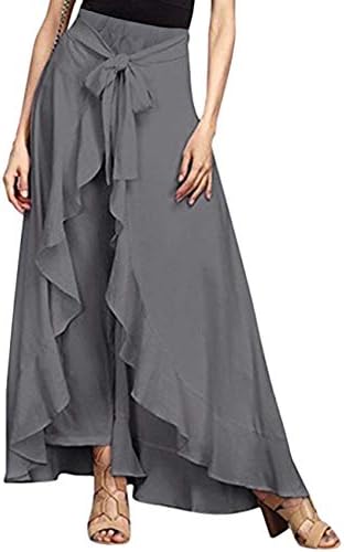 Women's Solid Ruffle Wide Leg Tie-Waist Maxi Long Chiffon Palazzo Overlay Pant Skirts