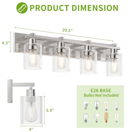 Image of Bathroom Vanity Light, 4 Light Brushed Nickel Vanity Lights with Thickened Seeded Glass Shade, 30 inch Modern Bathroom Light Fixtures, Bathrooms Lights Fixtures Over Mirror