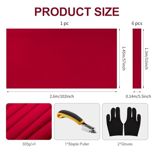 STRONGBERRY Pre-Cut Pool Table Felt Replacement Kit - 8ft Billiard Cloth w/Gloves, Strips & Tools, Felt for Pool Tables (RED) - Thumbnail 2