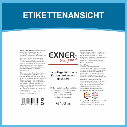 Exner Petguard Hautpflege & Fellpflege für Hunde, Katzen & andere Haustiere 100 ml – Bei Juckreiz, Hautreizungen, Haarausfall, Entzündungen, Milben, Parasiten, Räude & Pilzbefall – Dermatest SEHR GUT