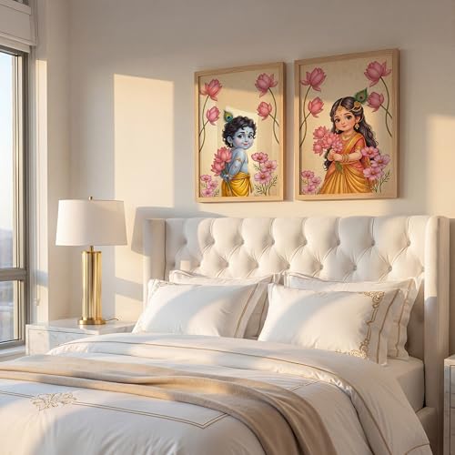 Image of Suneree Radha Krishna Painting with Lotus Flowers | Set of 2 Framed Wall Art Paintings | Traditional Indian Decor for Living Room Bedroom Pooja Room | (ART 5, 10x13 INCHES)