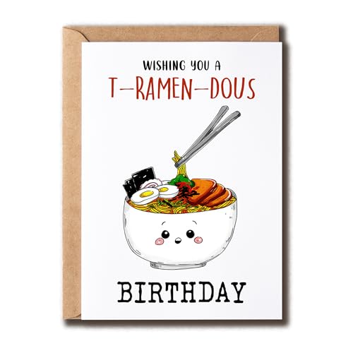 PTTShop Wishing You A T-ramen-dous Bday Card - Asian Food Greeting Card - Kawaii Noodles Birthday Card - Ramen Noodles Pun Card