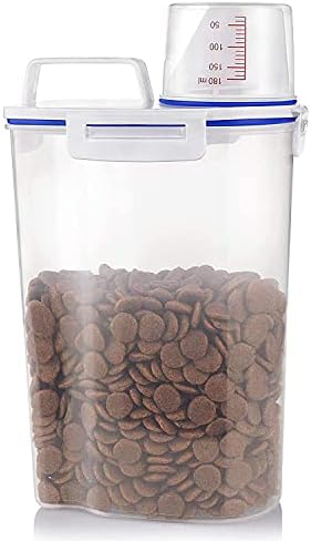 Dry Food And Grains Container - Pet Food Storage Container With Measuring Cup | Large Pour Spout And 4 Seal Buckles | Small & Practical Capacity | Airtight Design | Easy To Grasp And Easy To Clean