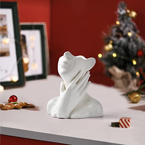 FJS Ceramic Face Vase, White Flower Vase for Decor, 4.3\" W x 4.7\" H Modern Decorative Boho Vase Centerpiece for Table Shelf Living Room Office Bedroom - Thumbnail 3