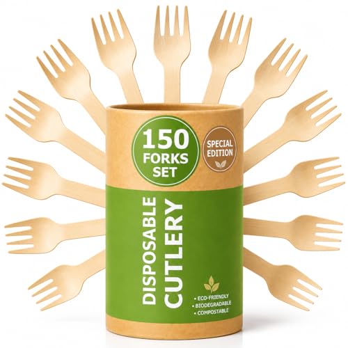 150 Wooden Forks SPECIAL EDITION, Alternative to Plastic and Bamboo Fork - 100% Compostable Fork, Eco Friendly, and Biodegradable Wooden Forks Disposable for Lounge Party Wedding, BBQ