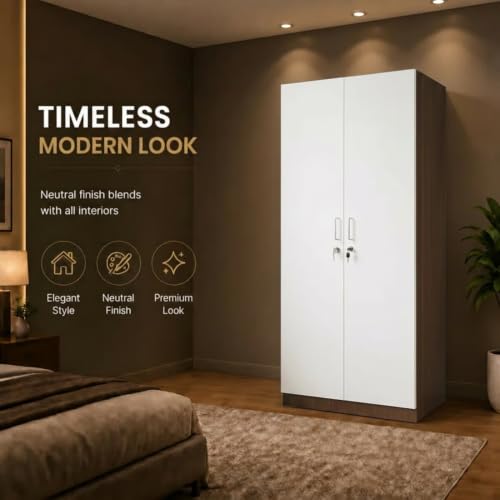 Image of GRATUS 2 Door Wardrobe - Compact Engineered Wood Cupboard Without Drawer for Clothes Storage, Small Bedroom Organizer - 180 x 70 x 45 cm Classic White